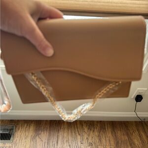 NWT Women vegan leather bag w/wristlet strap and/or gold crossbody chain - tan